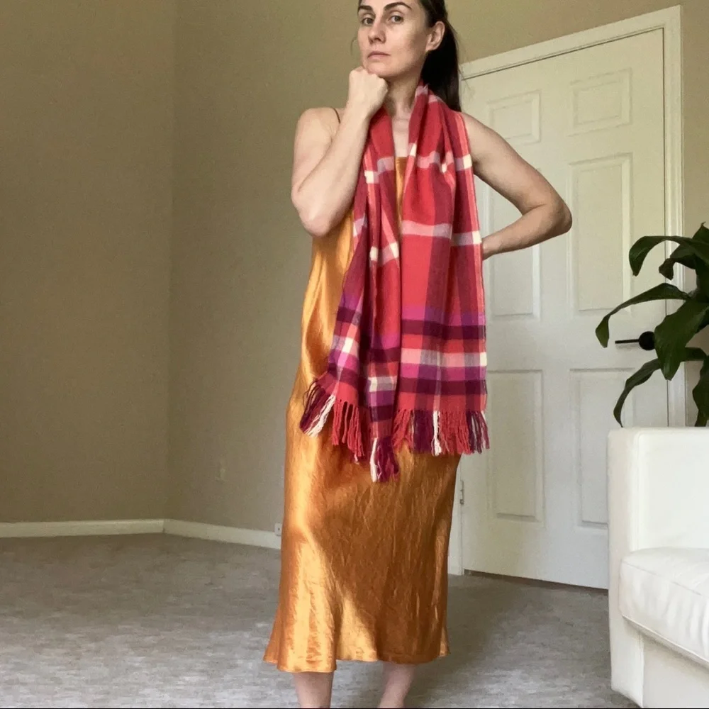 Red Pink White Large Soft Plaid Scarf with Tassels